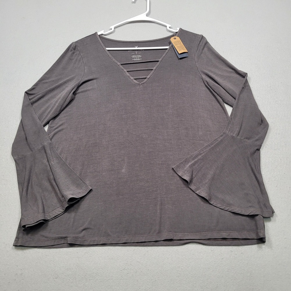 American Eagle Soft & Sexy T Bell Sleeve Strappy V-Neck Top Grey L 5595-020